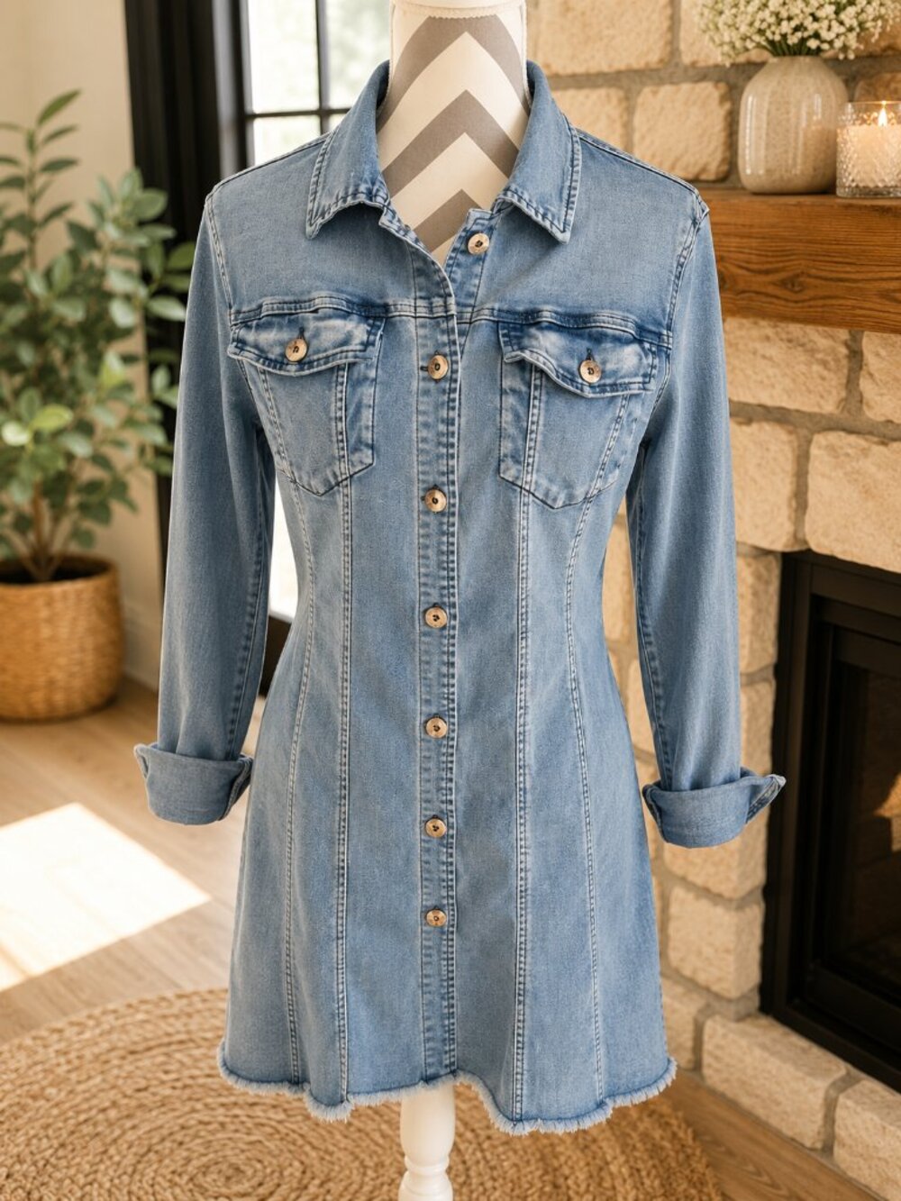 Ethyl Women's Long Sleeve Light  Blue Denim Western Dress.  Size Small.